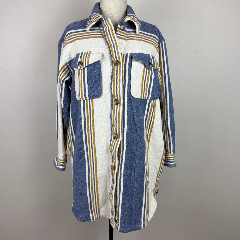 Aerie Shacket Women S Blue Cream Striped Long Sleeve Button Flannel Shirt